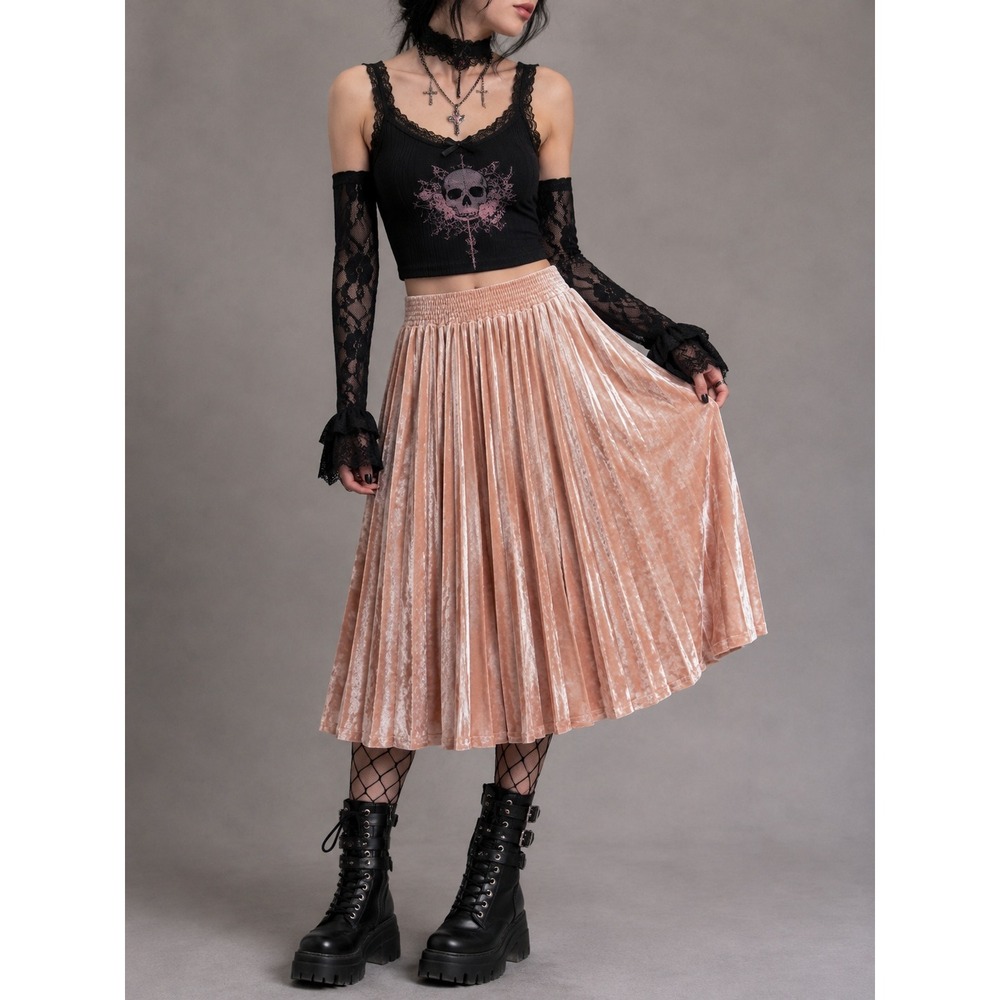 Pink Crushed Velvet Pleated Midi Skirt S Pastel Goth Coquette Ballet